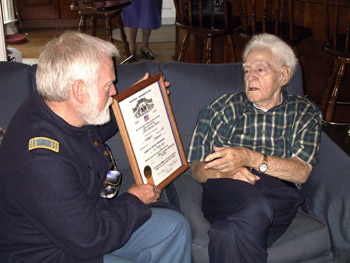 Pictured here is Westport Camp #64 Commander, John Martin, presenting a Membership certificate to John W. Turner, Jr. during an Induction Ceremony.
